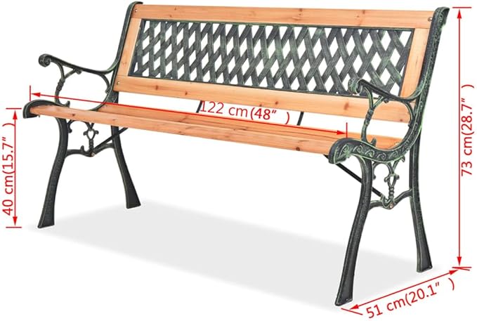 48 in Brown Wood Garden Bench with Geometric Backrest, Wrought Iron Frame, Matte Finish Outdoor Seating for Patio Porch Balcony, Seats Two, 242.5 lb Capacity
