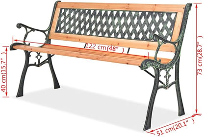 48 in Brown Wood Garden Bench with Geometric Backrest, Wrought Iron Frame, Matte Finish Outdoor Seating for Patio Porch Balcony, Seats Two, 242.5 lb Capacity
