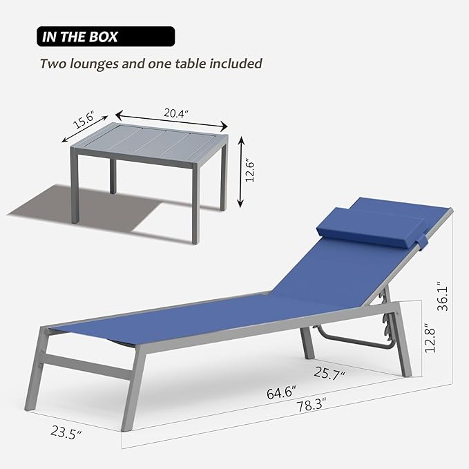 Domi Patio Chaise Lounge Set of 2 with Side Table, Aluminum Adjustable Pool Lounge Chairs - Photo 6