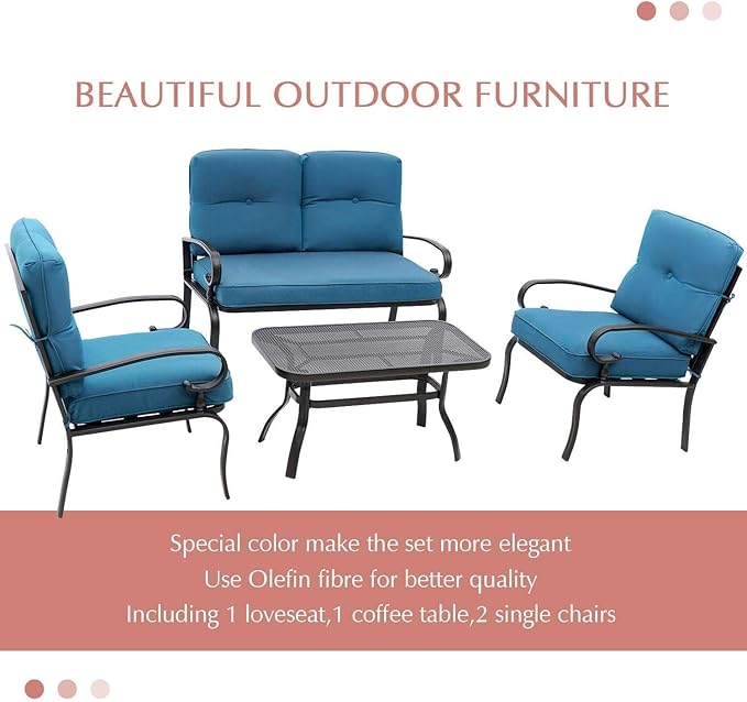 Outdoor Furniture Patio Conversation Set Loveseat, 2 Chairs, Coffee Table with Cushion, Lawn Front Porch Garden - Photo 5