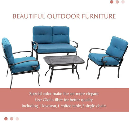 Outdoor Furniture Patio Conversation Set Loveseat, 2 Chairs, Coffee Table with Cushion, Lawn Front Porch Garden, Metal Chair Set Wrought Iron Look (Peacock Blue)