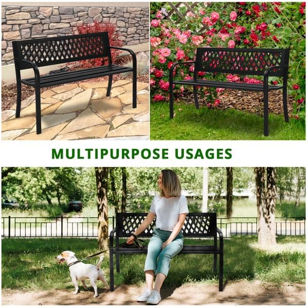 Patio Outdoor Park Loveseat Bench for Garden Porch Deck Made Cast Iron Anti-Rust Aluminum Metal, 2-3 Seater (47 Inch Cross Back Metal Bench)