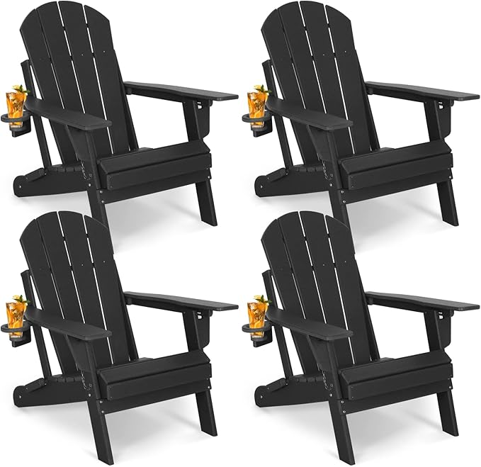 Okeysen Adjustable Adirondack Chair Set of 4 Folding Plastic Outdoor Fire Pit Chair Weather Resistant 3-Positons Patio Chair with Cup Holder for Outdoor Porch Garden Backyard Deck and Pool, Black