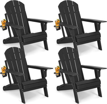 Okeysen Adjustable Adirondack Chair Set of 4 Folding Plastic Outdoor Fire Pit Chair Weather Resistant 3-Positons Patio Chair with Cup Holder for Outdoor Porch Garden Backyard Deck and Pool, Black