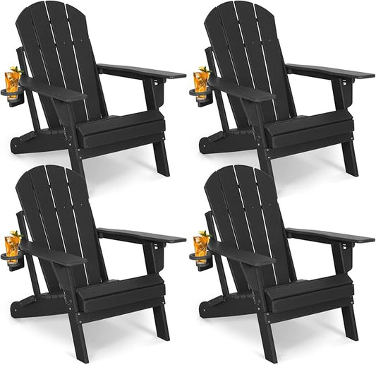 Okeysen Adjustable Adirondack Chair Set of 4 Folding Plastic Outdoor Fire Pit Chair Weather Resistant 3-Positons Patio Chair with Cup Holder for Outdoor Porch Garden Backyard Deck and Pool, Black