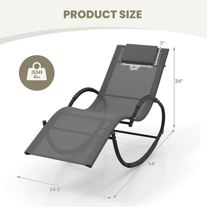 Giantex Outdoor Rocking Lounge Chair, Zero Gravity Rocking Chair with Removable Headrest, Breathable Backrest & Seat, Wrapped Armrests, Cozy Sun Lounger for Patio, Pool, Yard, Garden, Grey