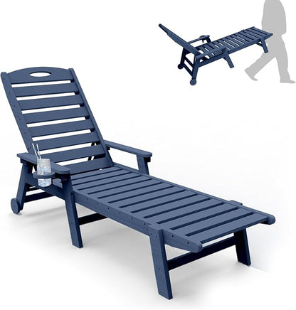 Outdoor Lounge Chairs, 78'' Long Patio Lounge Chair HDPE 5-Position Adjustable with Cup Holder & Rolling Wheels, Pool Lounge Chair for Sunbathing Tanning, Deck, Poolside -Dark Blue