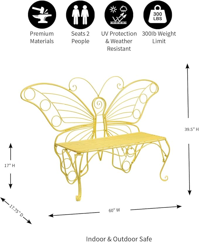 Plow & Hearth Weatherproof Butterfly Outdoor Bench | Holds Up to 300 lbs | Garden Patio Porch Park Deck | Metal | Yellow - Photo 3
