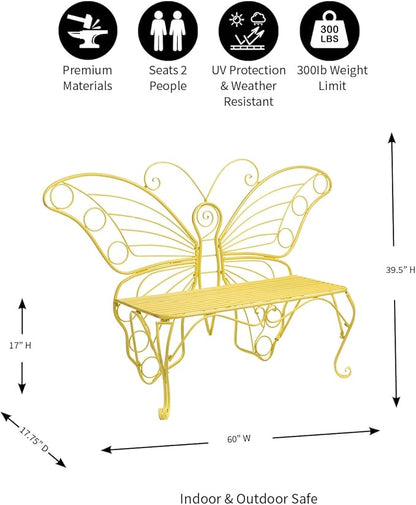 Plow & Hearth Weatherproof Butterfly Outdoor Bench | Holds Up to 300 lbs | Garden Patio Porch Park Deck | Metal | Yellow