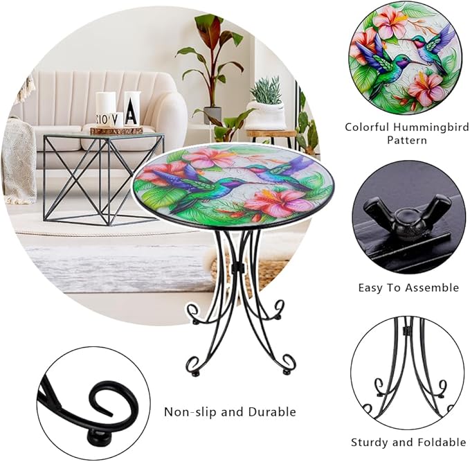 18 Inch Outdoor Side Table, Hummingbird Metal Accent Table, Indoor Small Round End Table - Photo 4