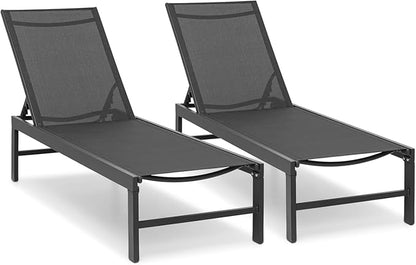 Athena Collection Outdoor Chaise Lounge Set of 2, Pool Lounge Chairs with Aluminum Frame and 6-Position Adjustable Backrest, Sun Lounger for Garden Outdoor Patio Poolside, Black