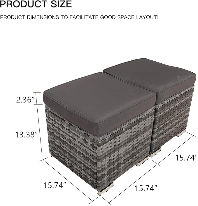 2-Pieces Patio Rattan Ottomans，All-Weather Rattan Wicker Multipurpose Outdoor Furniture for Patio, Backyard, Additional Seating, Footrest, Side Table w/Storage, Removable Cushions (Grey)