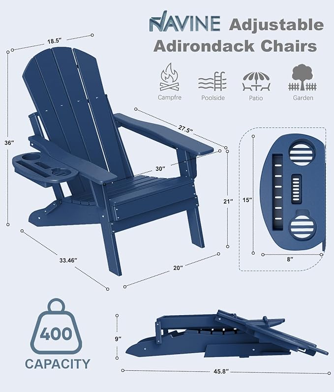 Adjustable Adirondack Chair Set of 4 with Cup Holder, All Weather HDPE Fire Pit Chairs for Deck, Backyard, Patio, Navy Blue
