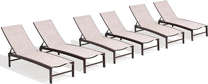 Chaise Lounge Chair, Set of 6 Outdoor Recliner Lounge Chair Sun Loungers, All Weather Chaise with 5 Adjustable Backrest and Lay Flat Positions for Garden, Balcony, Pool, Beige
