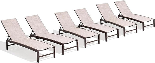 Chaise Lounge Chair, Set of 6 Outdoor Recliner Lounge Chair Sun Loungers, All Weather Chaise with 5 Adjustable Backrest and Lay Flat Positions for Garden, Balcony, Pool, Beige