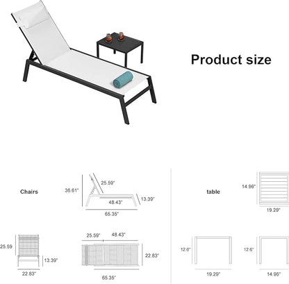 PURPLE LEAF Lounge Chair Set for Outside Aluminum Patio Recliner with Side Table and Pillow Beach Sunbathing Tanning Chairs Pool Chaise Lounger Outdoor White