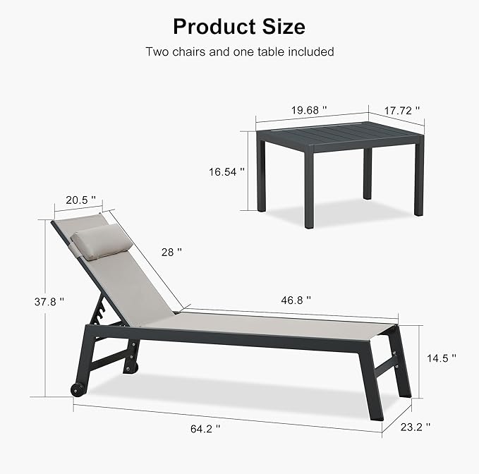 PURPLE LEAF Outdoor Lounge Chair Set Patio Chaise Pool Lounger Aluminum Frame with 2 Side Table and Wheels for Outside Sunbathing Tanning Recliner Including Pillows Beige