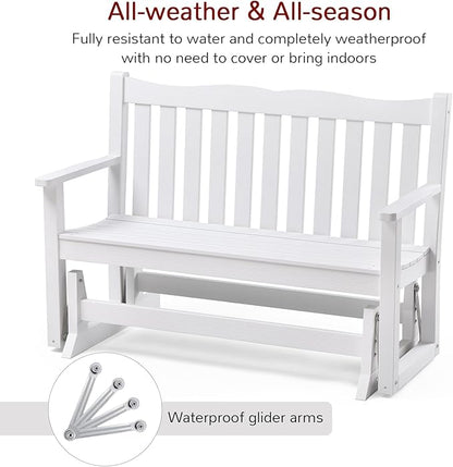 Stoog Outdoor Glider, 2 Person All-Weather Glider Bench with 800 lbs Weight Capacity, Never Fade or Rot, for Backyard, Garden, Deck, and Poolside, White