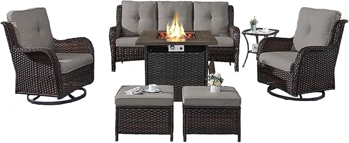 Belord Patio Furniture Set with Fire Pit Table, 7 Piece Wicker Outdoor Furniture Set - Photo 1