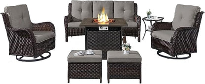 Belord Patio Furniture Set with Fire Pit Table,7 Piece Wicker Outdoor Furniture Set, Swivel Rocker Chairs with Ottomans and Sofa, All Weather Patio Conversation Set, for Pool,Yard,Brown Wicker/Gray