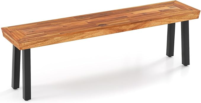 HAPPYGRILL Outdoor Acacia Wood Bench, 2-3 People Garden Benches with Slatted Top & Flared Metal Legs, Patio Dining Benches for Porch, Park & Backyard
