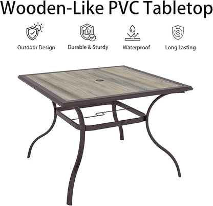 Outdoor Dining Table with Square Wooden-Like PVC Table Top and Umbrella Hole for Bistro, Garden, Poolside, Backyard -Laminated Top Brown Metal Steel Frame