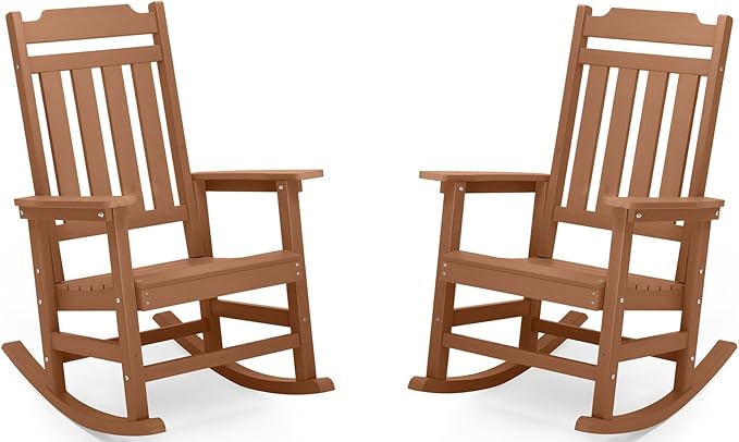 Rocking Chairs Set of 2, All Weather Resistant Poly Lumber Outdoor Porch Rocker, Rocking Chairs for Outdoor, Indoor, Patio, Deck, Garden, Backyard, Load Bearing 380 lbs - Teak