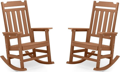 Rocking Chairs Set of 2, All Weather Resistant Poly Lumber Outdoor Porch Rocker, Rocking Chairs for Outdoor, Indoor, Patio, Deck, Garden, Backyard, Load Bearing 380 lbs - Teak