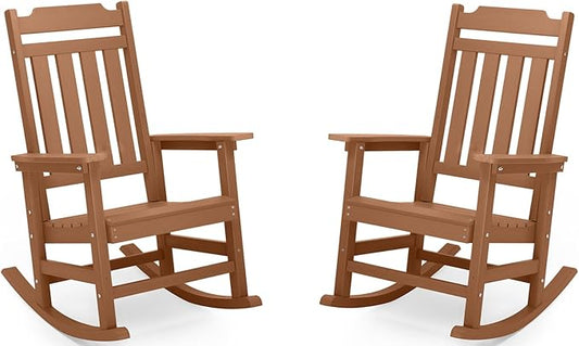 Rocking Chairs Set of 2, All Weather Resistant Poly Lumber Outdoor Porch Rocker, Rocking Chairs for Outdoor, Indoor, Patio, Deck, Garden, Backyard, Load Bearing 380 lbs - Teak