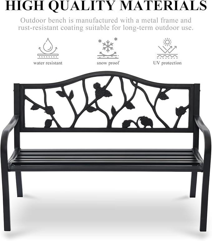 50" Outdoor Garden Bench, Cast Iron Metal Outdoor Benches Weatherproof with Artistic Strawberry Backrest - Photo 5