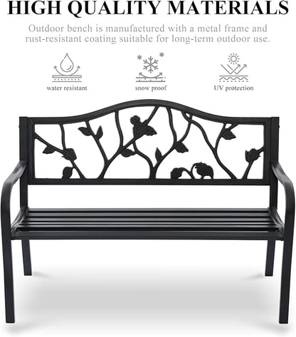 50" Outdoor Garden Bench, Cast Iron Metal Outdoor Benches Weatherproof with Artistic Strawberry Backrest, Black Patio Bench for Porch, Backyard, Lawn