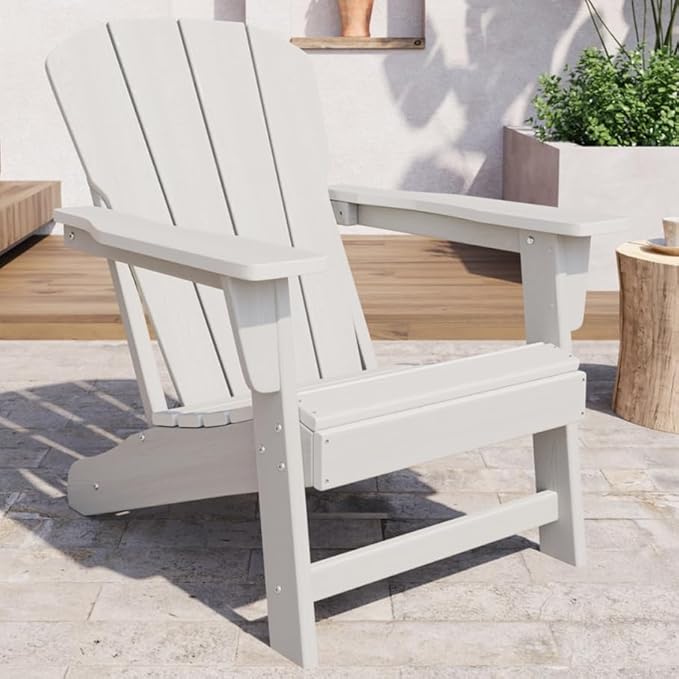 Modern HDPE Plastic Adirondack Chair - Oversize 380 LB Poly Lumber Weather Resistant Firepit Chair - Outdoor Patio Chairs with Wooden Textured for Garden, Backyard, Lawn, Deck, Pool, Porch - White
