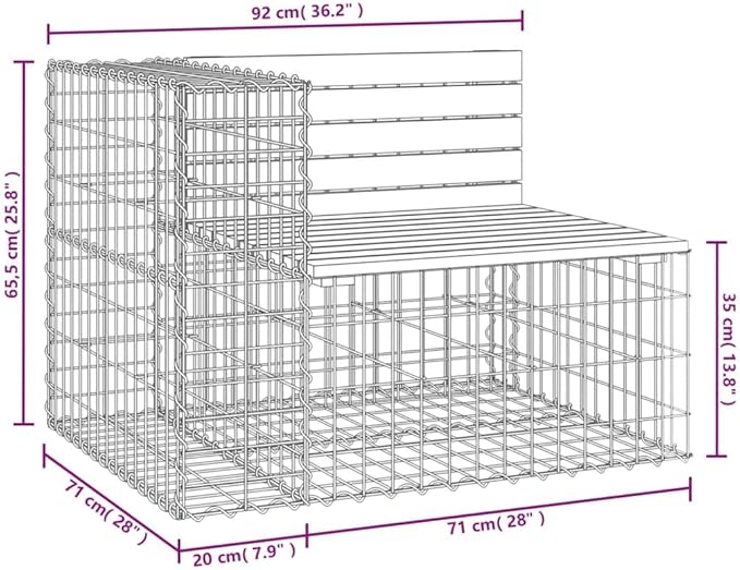 Solid Wood Garden Bench with Gabion Design, Natural Wood Tone and Silver Finish, Foldable Two-Seater for Patio and Balcony, Rustic Farmhouse Style Outdoor Seating, Durable