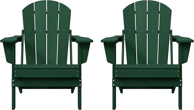 Costaelm Folding Patio Chairs Set of 2, Hdpe Adirondack Chairs Front Porch Furniture Outdoor Seating, All Weather Tanning Chair for Backyard Firepit Garden Lawn, Dark Green