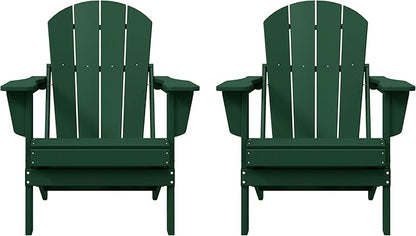 Costaelm Folding Patio Chairs Set of 2, Hdpe Adirondack Chairs Front Porch Furniture Outdoor Seating, All Weather Tanning Chair for Backyard Firepit Garden Lawn, Dark Green