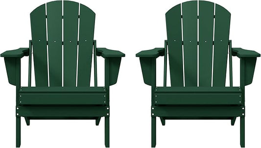 Costaelm Folding Patio Chairs Set of 2, Hdpe Adirondack Chairs Front Porch Furniture Outdoor Seating, All Weather Tanning Chair for Backyard Firepit Garden Lawn, Dark Green