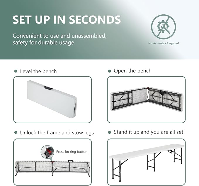 PayLessHere Portable 6 FT Plastic Folding Bench for Outdoor Use, Complete with Carrying Handle for Picnics Camping Dining Parties (2)