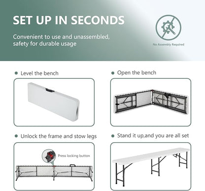 PayLessHere Portable 6 FT Plastic Folding Bench for Outdoor Use, Complete with Carrying Handle for Picnics Camping Dining Parties (2)