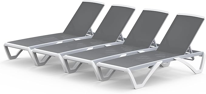 Domi Chaise Lounge Outdoor Set of 4, Patio Lounge Chair with Aluminum Frame, All Weather Pool Lounge Chair for Deck Lawn Backyard, Gray Textilene
