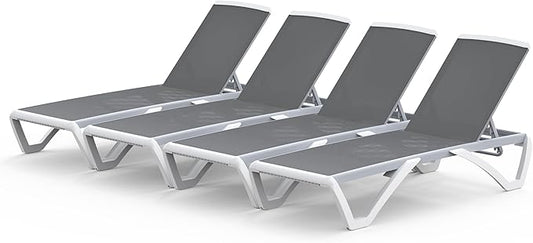 Domi Chaise Lounge Outdoor Set of 4, Patio Lounge Chair with Aluminum Frame, All Weather Pool Lounge Chair for Deck Lawn Backyard, Gray Textilene