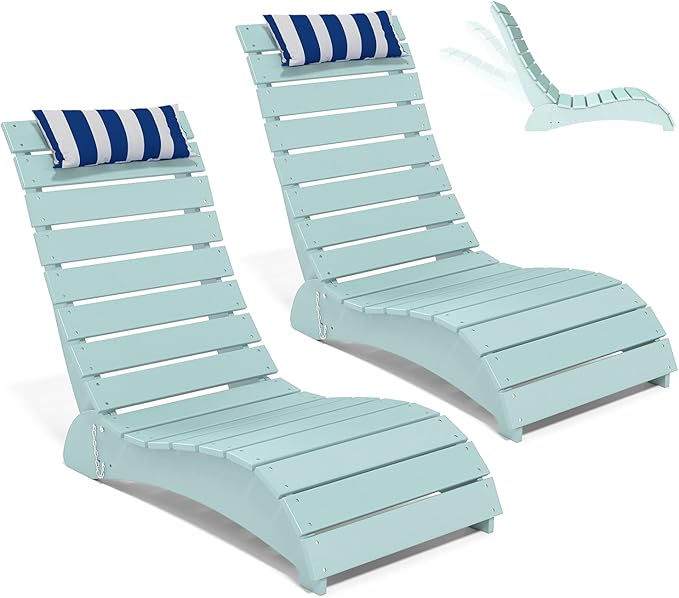 Pool Lounge Chairs Set of 2, HDPE Adjustable Chaise Chairs with Headrest, Weighted Fade-Resistant Pool Chairs and Lounger for Baja Ledge，Poolside and Deck, Aruba Blue