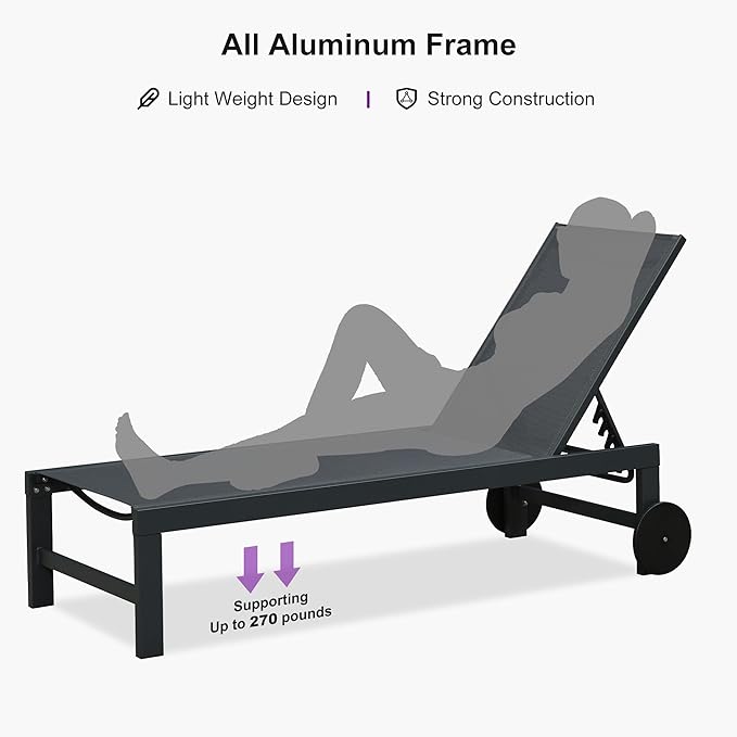 PURPLE LEAF Patio Lounge Chair Set for 4 Outdoor Chaise Lounge with Adjustable Backrest and Easy-to-Move Wheels - Photo 6
