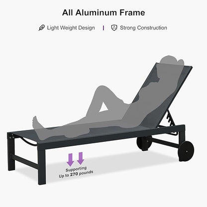 PURPLE LEAF Patio Lounge Chair Set for 4 Outdoor Chaise Lounge with Adjustable Backrest and Easy-to-Move Wheels Aluminum Reclining Lounge Chair for Outside Yard Pool Side Table Included, Dark Grey