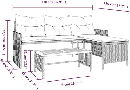 vidaXL L-Shaped Patio Sofa Set - Black Poly Rattan Outdoor Furniture with Acacia Wood Table and Cream White Cushions