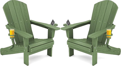 SERWALL Adirondack Chair with Cup Holders - Composite Adirondack Chairs Set of 2 HDPE Outdoor Chairs All Weather Use- Avocado