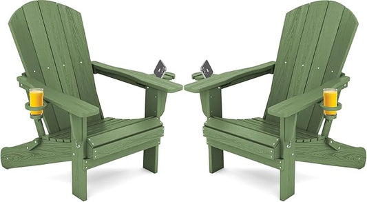 SERWALL Adirondack Chair with Cup Holders - Composite Adirondack Chairs Set of 2 HDPE Outdoor Chairs All Weather Use- Avocado
