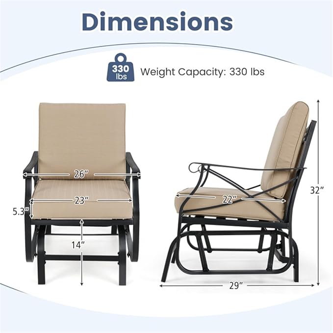 Black Metal Patio Glider Chair Outdoor Rocking Chair, Ergonomic Gliding Bench for Porch Garden Heavy Duty Lawn Furniture - Photo 3