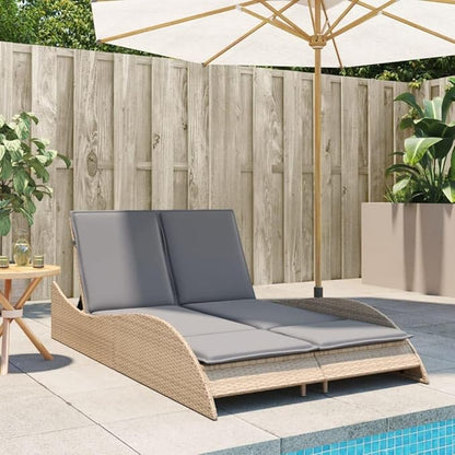 Beige 2-Person Sun Lounger Outdoor 80.7x44.9x28.7 in PE Rattan Adjustable Chaise for Patio, Garden, Poolside Relaxation