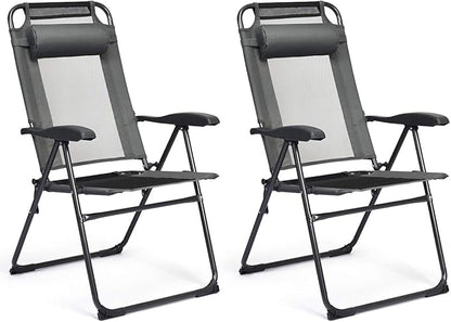 Giantex Set of 2 Patio Dining Chairs, Folding Lounge Chairs with 7 Level Adjustable Backrest, Headrest, 300 Lbs Capacity, Outdoor Portable Chairs with Metal Frame (2, Gray)
