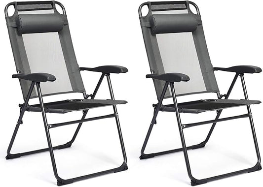 Giantex Set of 2 Patio Dining Chairs, Folding Lounge Chairs with 7 Level Adjustable Backrest, Headrest, 300 Lbs Capacity, Outdoor Portable Chairs with Metal Frame (2, Gray)